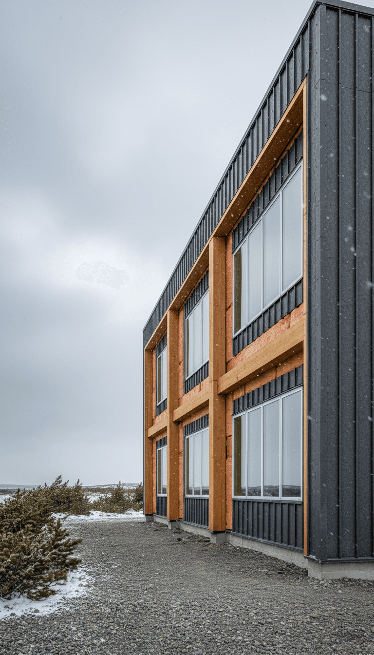 Modern commercial building with robust insulated walls and strategic window placement during overcast daylight