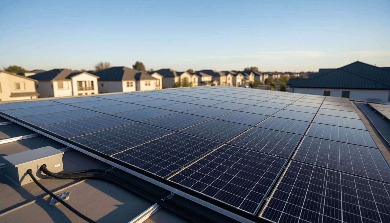 Newly installed solar panel array covering residential rooftop in bright sunlight with neighborhood visible in background